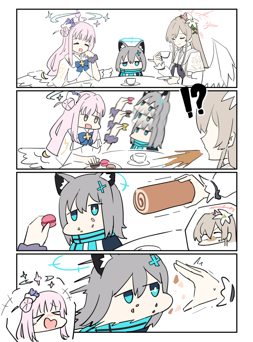 3girls blue_archive cake capelet flower_hairband food hair_bun hall highres holding holding_food laughing long_hair low_wings macaron mika_(blue_archive) multiple_girls nagisa_(blue_archive) pink_hair scrunchie shiroko_(blue_archive) single_hair_bun spitting swiss_roll tenten_(chan4545) very_long_hair wings