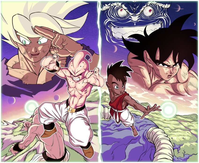 4boys 6_9 absurdres antennae barefoot black_eyes black_hair black_nails clenched_teeth commentary crazy_eyes crazy_grin dark-skinned_male dark_skin dirty dirty_face dragon_ball dragon_ball_super dragonball_z energy_ball english_commentary fighting_stance genki_dama highres horns kid_buu koralldiz large_pectorals majin_buu male_focus mohawk moro_(dragon_ball) multiple_boys muscular muscular_male pants pectoral_cleavage pectorals planet son_goku split_screen super_saiyan super_saiyan_1 sweat teeth uub white_pants wind