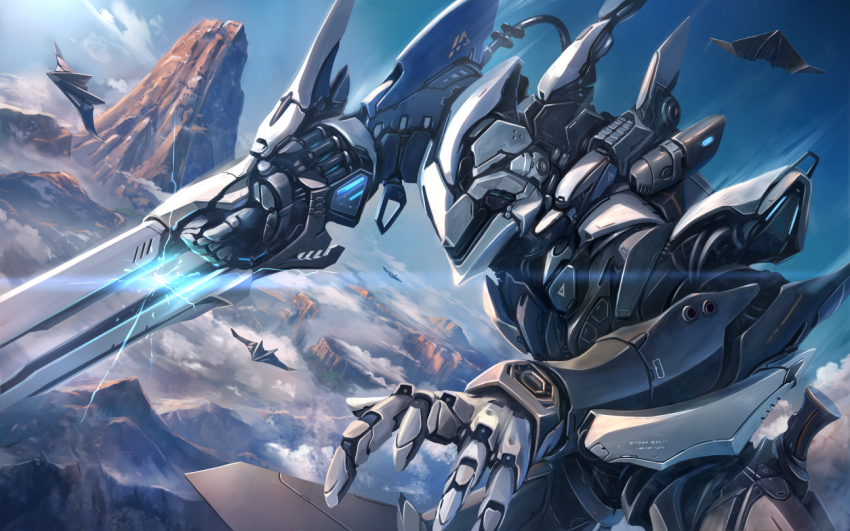 aircraft airplane arm_blade blue_sky cloud commentary cowboy_shot dutch_angle energy hose mecha military military_vehicle mountain original outdoors outstretched_arm reaching robot scenery science_fiction sky soraizumi sword weapon