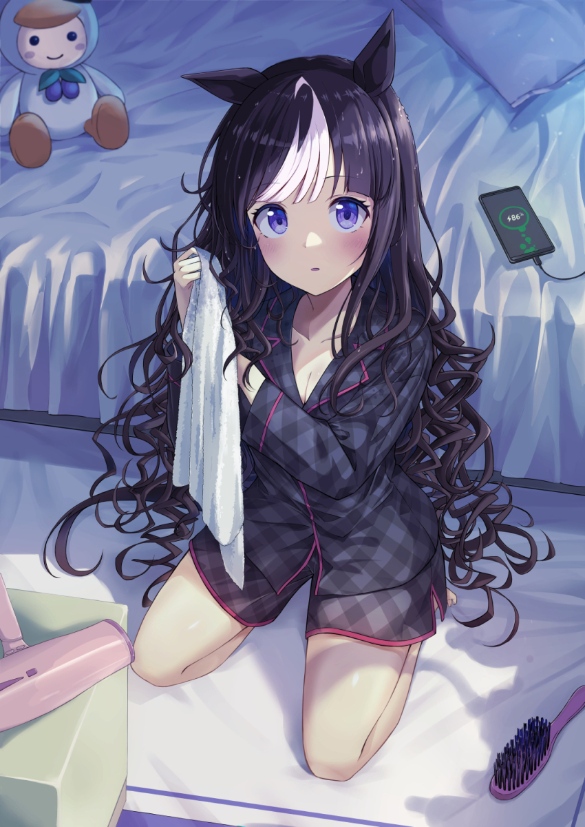 1girl alternate_costume alternate_hairstyle animal_ears bed black_hair blush breasts cellphone cleavage collarbone hair_dryer highres hokko_tarumae_(umamusume) horse_ears horse_girl horse_tail long_hair looking_at_viewer medium_breasts murasaki_himuro open_mouth phone pillow seiza sitting solo stuffed_toy tail tomachop towel umamusume