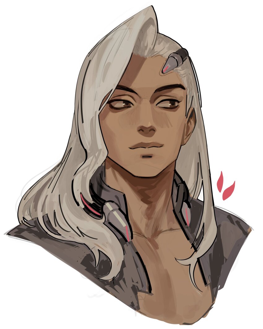 1boy absurdres bare_pectorals black_shirt blonde_hair brown_eyes closed_mouth collared_shirt commentary_request cropped_shoulders dark-skinned_male dark_skin highres korean_commentary lifeweaver_(overwatch) long_hair looking_to_the_side male_focus open_clothes open_shirt overwatch overwatch_2 p_(pm_611a) pectorals shirt sideways_glance simple_background solo white_background