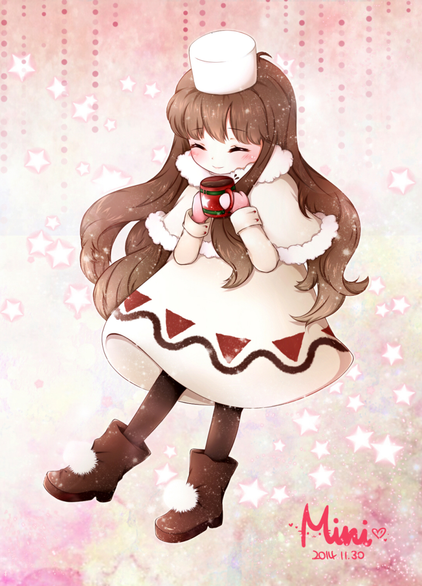 1girl blush brown_hair capelet closed_eyes cocoa_cookie coffee_mug cookie_run cup danby_merong dress full_body gloves hat highres humanization long_hair long_sleeves mug open_mouth pantyhose personification solo