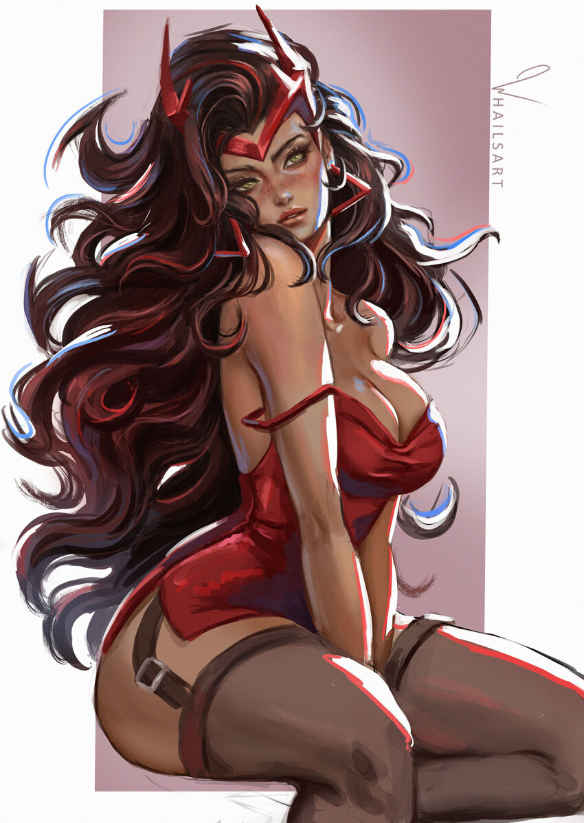 1girl avengers_(series) breasts brown_hair cleavage closed_mouth dress earrings garter_straps green_eyes highres jewelry lips long_hair looking_at_viewer marvel marvel_rivals medium_breasts red_dress scarlet_witch solo thick_thighs thighhighs thighs wanda_maximoff whails