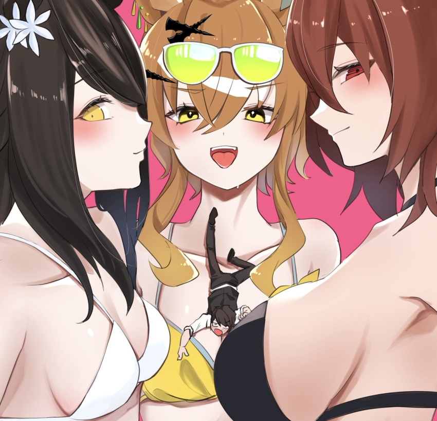1boy 3girls agnes_tachyon_(lunatic_lab)_(umamusume) agnes_tachyon_(umamusume) animal_ears bare_shoulders bikini black_bikini black_hair black_pants black_vest breasts brown_hair catherine:_full_body catherine_(game) cleavage collarbone commentary_request commission eyewear_on_head flower from_side hair_between_eyes hair_flower hair_ornament highres horse_ears horse_girl jungle_pocket_(tobasuze_hot_summer!)_(umamusume) jungle_pocket_(umamusume) long_hair looking_at_viewer manhattan_cafe_(the_bubbles_that_i_see_with_you)_(umamusume) manhattan_cafe_(umamusume) multiple_girls official_alternate_costume pants parody pink_background red_eyes shirt short_hair sideboob sideways_glance simple_background skeb_commission small_breasts swimsuit trainer_(umamusume) umamusume upper_body vest white_bikini white_shirt yellow_bikini yellow_eyes yoino_iyo