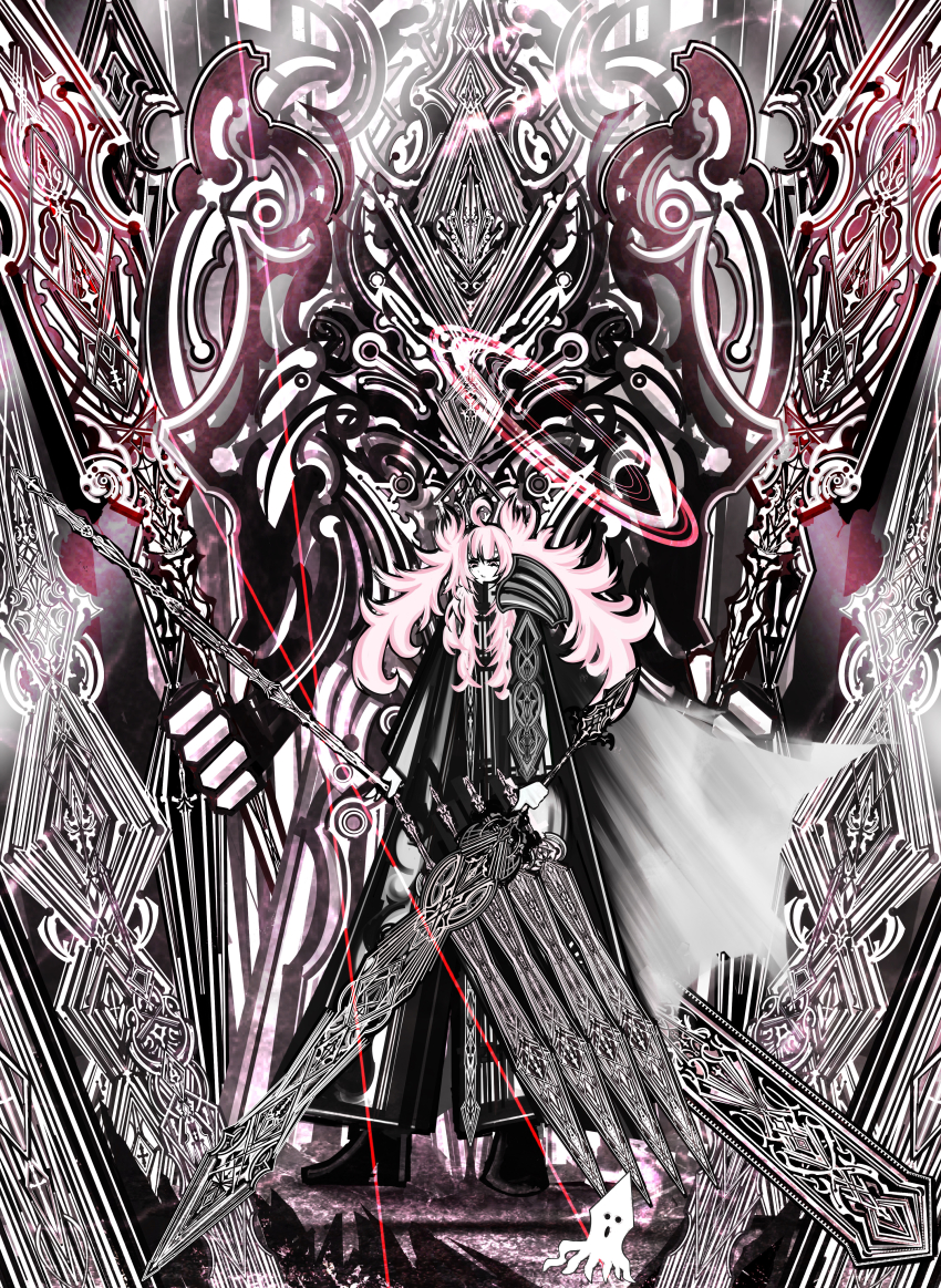 1girl absurdres dual_wielding full_body halo highres holding holding_sword holding_weapon huge_weapon looking_at_viewer original pink_eyes pink_hair pink_theme riz_kira solo squid standing sword twintails weapon