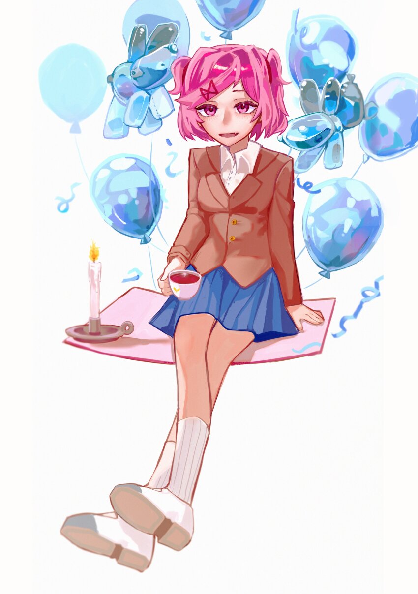 1girl :d absurdres arm_at_side balloon balloon_animal blazer blue_ribbon blue_skirt bob_cut breasts brown_jacket candle candlestand collared_shirt commentary crossed_legs cup doki_doki_literature_club dress_shirt drink english_commentary eyelashes fang full_body hair_intakes hair_ornament hair_ribbon highres holding holding_drink jacket kneehighs looking_at_viewer micmaqn natsuki_(doki_doki_literature_club) no_neckwear open_mouth pink_eyes pink_hair pleated_skirt red_ribbon ribbed_socks ribbon shirt shoe_soles shoes short_hair sitting skin_fang skirt slippers small_breasts smile socks solo string swept_bangs tea teacup two_side_up uwabaki white_background white_shirt white_slippers white_socks x_hair_ornament