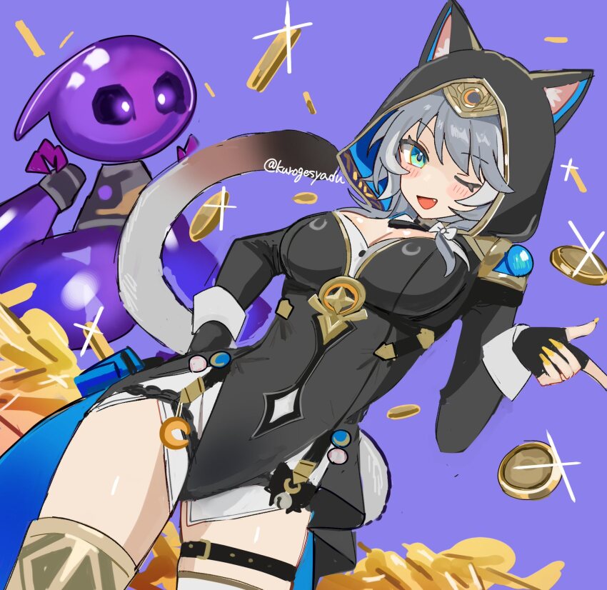 1girl ;o animal_ears animal_hood black_gloves black_leotard blue_eyes boots breasts cat_ears cat_girl cat_hood cat_tail cipher_(honkai:_star_rail) cleavage coin commentary_request fingerless_gloves gloves gold_boots gold_coin grey_hair highres honkai:_star_rail honkai_(series) hood hooded_leotard kuromu_shado leotard one_eye_closed purple_background short_hair_with_long_locks shorts spirithief_bartholos_(honkai:_star_rail) tail thighs twitter_username white_shorts yellow_nails