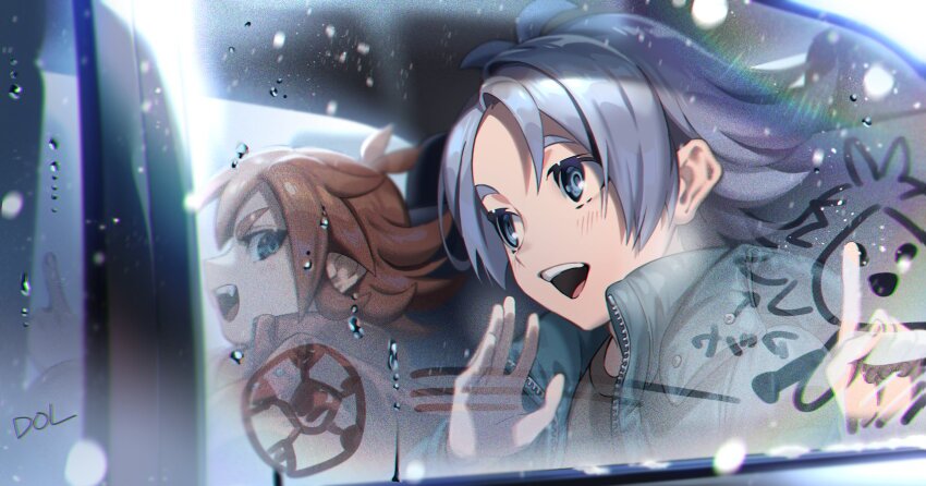 2boys black_shirt blue_jacket brothers car condensation dolustoy fubuki_atsuya fubuki_shirou grey_hair highres inazuma_eleven_(series) jacket male_focus motor_vehicle multiple_boys open_mouth orange_hair red_jacket shirt siblings sitting twins water_drop