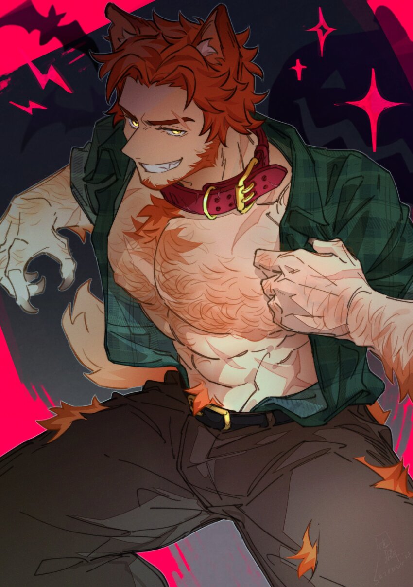 1boy abs absurdres animal_ear_fluff animal_ears arm_hair arms_up bara bare_pectorals bat_(animal) beard belt belt_buckle black_belt black_pants buckle chest_hair claws collared_shirt commentary english_commentary facial_hair fangs fire_emblem fire_emblem:_three_houses green_shirt grin groin halloween highres jack-o&#039;-lantern kemonomimi_mode looking_to_the_side male_focus male_pubic_hair multiple_scars nintendo open_clothes open_shirt orange_fur orange_hair orange_pubic_hair pants pectorals plaid_clothes plaid_shirt pubic_hair satodee scar scar_across_eyebrow scar_on_chest scar_on_face scar_on_hand scar_on_shoulder shirt smile solo sparkle sylvain_jose_gautier teeth torn_clothes torn_pants wavy_hair werewolf yellow_eyes