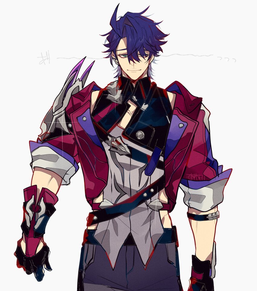 1boy absurdres ahoge belt black_belt black_gloves black_shirt blue_hair blue_pants closed_mouth collared_shirt commentary_request cowboy_shot cropped_jacket gloves green_eyes grey_hair grey_shirt hair_between_eyes hair_over_one_eye highres honkai:_star_rail honkai_(series) jacket looking_at_viewer male_focus multicolored_clothes multicolored_hair multicolored_shirt one_eye_covered open_clothes pants parted_bangs red_jacket sampo_koski shirt short_hair short_sleeves simple_background sleeve_cuffs sleeveless sleeveless_shirt smile solo spread_legs standing swept_bangs u_5ham0 white_background wing_collar