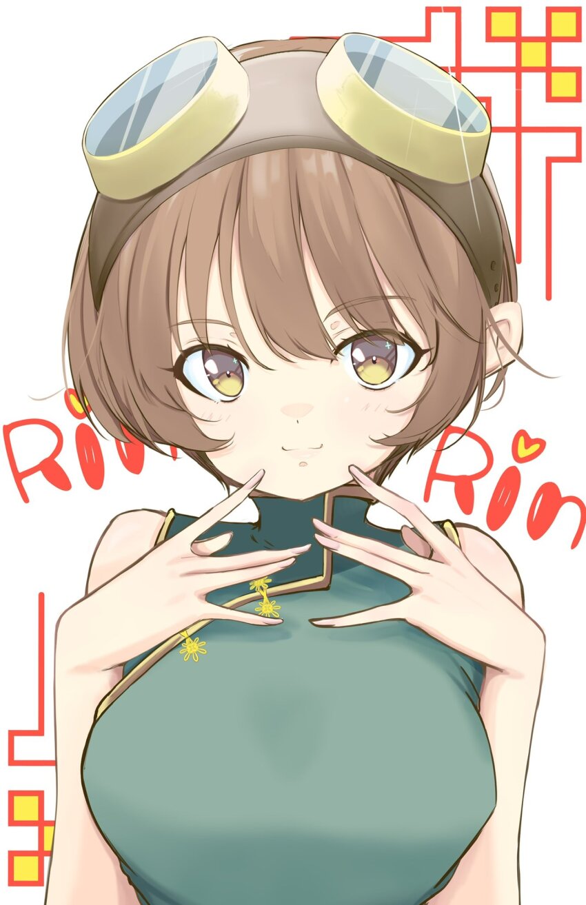 1girl breasts brown_eyes brown_hair character_name china_dress chinese_clothes commentary_request dress fingernails green_dress highres long_fingernails looking_at_viewer medium_breasts rinrin_(sister_princess) short_hair siomaru16 sister_princess smile solo upper_body white_background