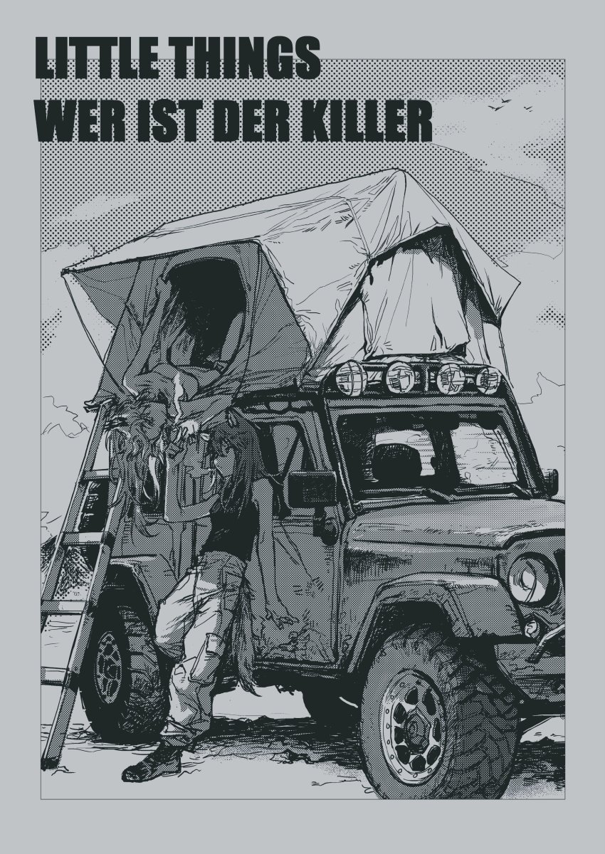 2girls absurdres alternate_costume animal_ears arknights blouse breasts car cigarette deatiose english_text greyscale halftone highres jeep_wrangler lappland_(arknights) military_jeep monochrome motor_vehicle multiple_girls shirt sleeveless sleeveless_shirt sports_utility_vehicle tail texas_(arknights) vehicle_focus