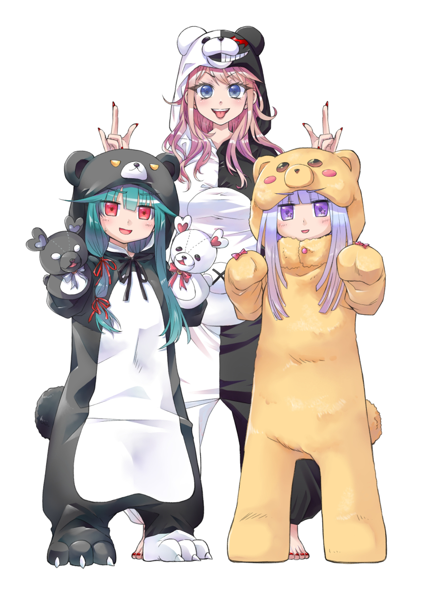3girls \m/ animal_costume animal_hood aurora_sya_lis_kaymin barefoot bear_costume bear_hood commentary_request crossover danganronpa:_trigger_happy_havoc danganronpa_(series) enoshima_junko green_hair grin hand_puppet height_difference highres hood keke_(user_zech7732) kuma_kuma_kuma_bear maou-jou_de_oyasumi monokuma multiple_crossover multiple_girls nail_polish onesie puppet purple_eyes purple_hair red_eyes red_nails simple_background smile sweatdrop toenail_polish toenails tongue tongue_out trait_connection v-shaped_eyebrows white_background yuna_(kuma_kuma_kuma_bear)