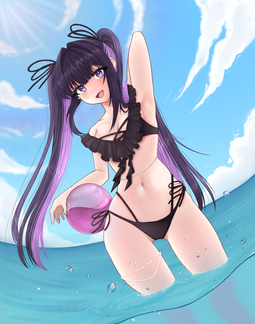 1girl absurdres arm_behind_back armpits beach bikini black_bikini black_hair breasts cleavage colored_inner_hair highres jewelry long_hair looking_at_viewer mio_(rosumini) multicolored_hair navel ocean off_shoulder original purple_eyes purple_hair rosumini small_breasts smile solo summer swimsuit thighlet thighs twintails very_long_hair water