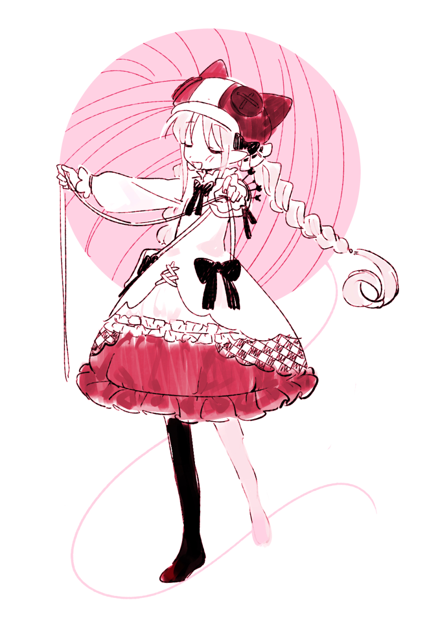 1girl animal_ears asymmetrical_legwear blush buttons cat_ears closed_eyes dress fate/grand_order fate_(series) frilled_dress frilled_sleeves frills habetrot_(fate) hat highres long_hair long_sleeves low_twintails open_mouth pink_hair pointy_ears ribbon sewing_pin sidelocks simple_background smile solo sumang803 tape_measure twintails white_background yarn yarn_ball