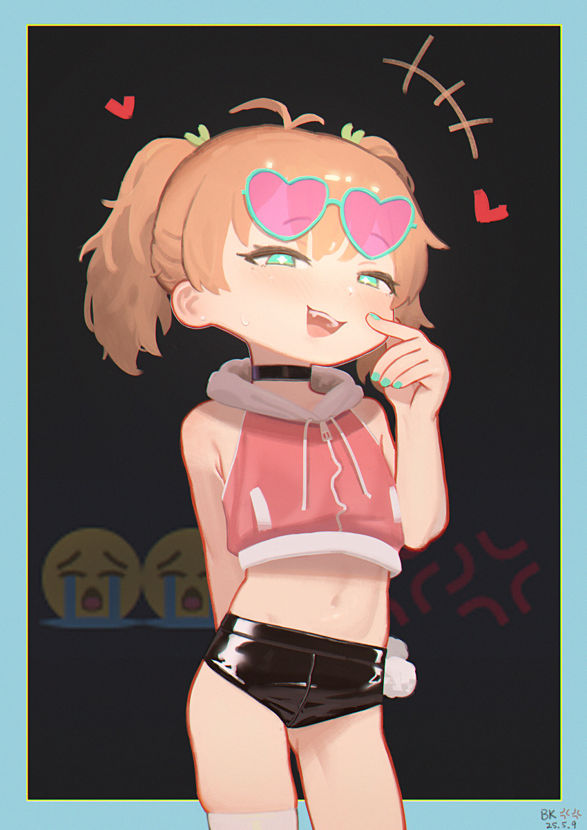 +++ 1girl absurdres anger_vein antenna_hair aqua_eyes aqua_nails bkbbkbkk black_shorts commentary cropped_hoodie crying_emoji emoji english_commentary eyewear_on_head glasses half-closed_eyes highres hood hoodie leather_shorts mesugaki midriff nail_polish navel open_mouth orange_hair original pink-framed_eyewear short_hair shorts sleeveless sleeveless_hoodie solo teeth twintails upper_teeth_only yuzu_(peachyp)