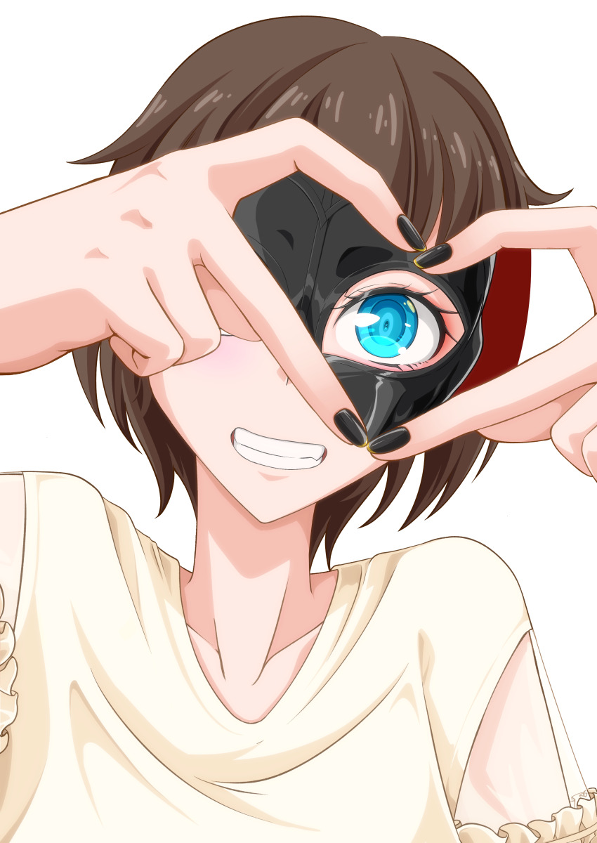 1girl absurdres blue_eyes brown_hair collarbone commentary_request gimp_mask grin highres latex looking_at_viewer mask nail_polish original shirt short_hair smile solo tamakko very_short_hair white_background white_shirt