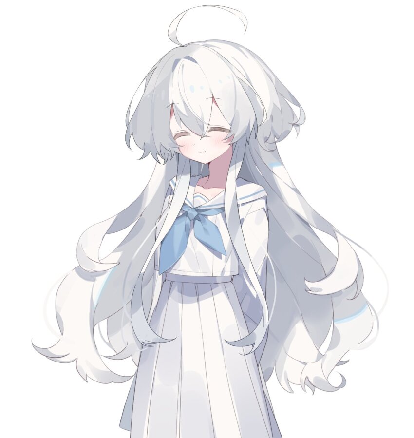 1girl arms_behind_back asphyxia17 blue_neckerchief blush closed_eyes closed_mouth hair_between_eyes highres long_hair neckerchief original pleated_skirt sailor_collar school_uniform serafuku shirt simple_background skirt smile solo white_background white_hair white_sailor_collar white_shirt