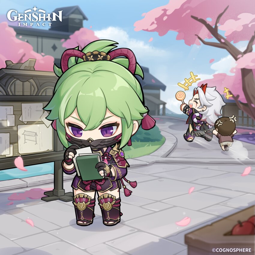 absurdres anger_vein angry arataki_itto candy cherry_blossoms chibi food genshin_impact highres kuki_shinobu notebook official_art stealing