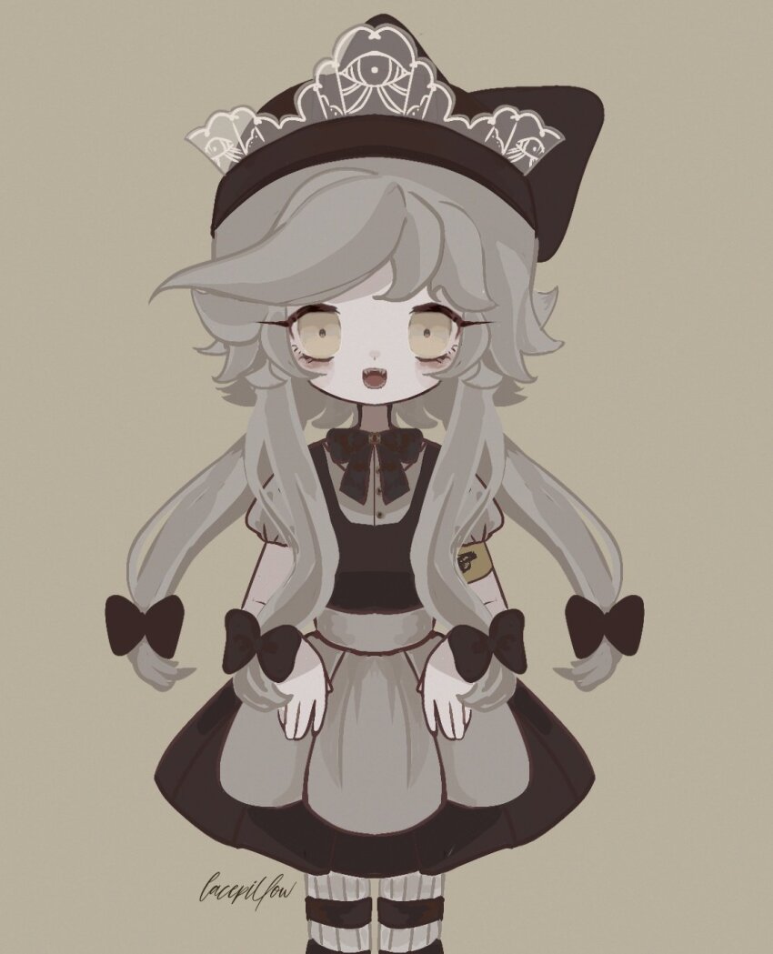 1girl bow collared_suit cyn_(murder_drones) double_horizontal_stripe dress frilled_vest frills glove_cuffs highres humanoid_robot lace-trimmed_headwear lace_trim lacepillow long_hair looking_at_viewer low-tied_sidelocks maid mechanical_arms mechanical_head murder_drones open_mouth puffy_short_sleeves puffy_sleeves robot short_sleeves sidelocks simple_background small_pupils smile solo vest yellow_collar yellow_eyes yellow_sleeve_cuffs