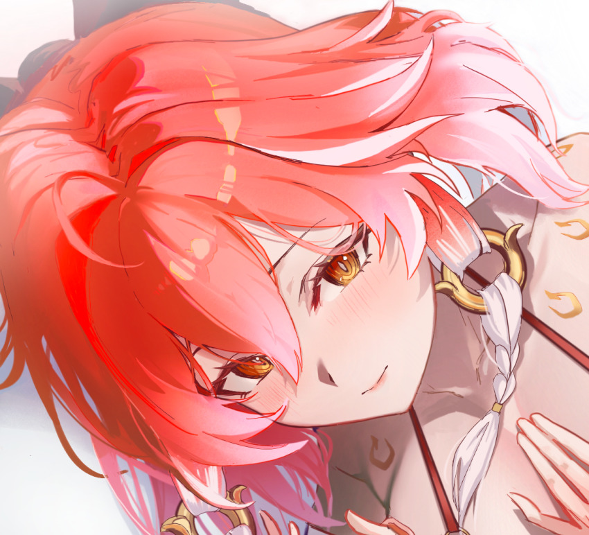 1girl bare_shoulders blush braid breasts changeli changli_(wuthering_waves) cleavage closed_mouth hair_between_eyes large_breasts long_hair looking_at_viewer multicolored_hair orange_eyes red_hair solo wuthering_waves