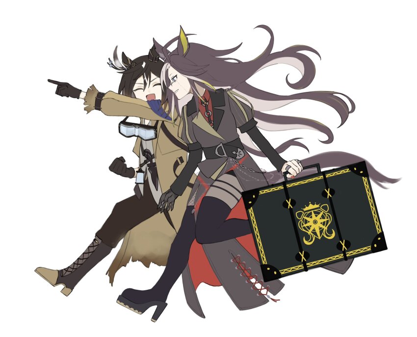 2girls ahoge animal_ears babie black_coat black_gloves black_pants blonde_hair blue_eyes boots brown_hair coat collared_shirt dream_journey_(umamusume) ear_covers eyewear_strap from_side full_body glasses gloves goggles goggles_around_neck gradient_hair hair_between_eyes highres holding holding_suitcase horse_ears horse_girl horse_tail jewelry lace-up_boots leg_up long_hair long_sleeves looking_ahead multicolored_hair multiple_girls pants platform_boots pointing pointing_forward red_shirt ring running shirt simple_background single_glove stay_gold_(umamusume) streaked_hair suitcase tail thigh_boots umamusume white_background white_hair white_shirt yellow_coat