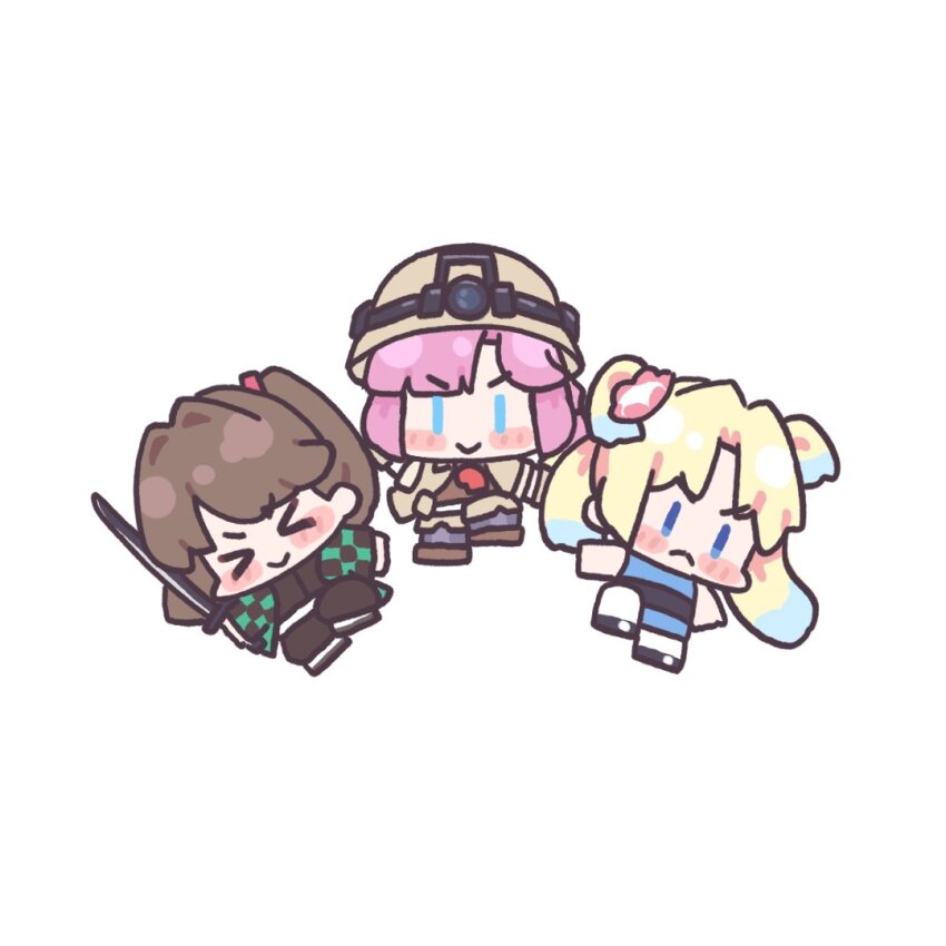 &gt;:( &gt;_&lt; 3girls :&gt; :&lt; anyoji_hime black_pants black_shirt blonde_hair blue_dress blue_eyes blue_hair blunt_bangs blush brown_helmet brown_jacket brown_pants bubbles_(ppg) bubbles_(ppg)_(cosplay) checkered_haori chibi chibi_only closed_mouth commentary cosplay dress flower frown fujishima_megumi gradient_hair green_haori hair_flower hair_ornament haori helmet holding holding_sword holding_weapon jacket japanese_clothes kamado_tanjirou kamado_tanjirou_(cosplay) kimetsu_no_yaiba light_blue_hair link!_like!_love_live! long_hair love_live! made_in_abyss mira-cra_park! multicolored_hair multiple_girls open_clothes open_jacket osawa_rurino pants parted_bangs pink_flower pink_hair pith_helmet ponytail powerpuff_girls shirt sidelocks simple_background sleeveless sleeveless_dress smile sunkeun swept_bangs sword twintails v-shaped_eyebrows weapon whistle whistle_around_neck white_background |_|