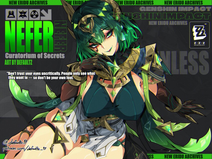 1girl absurdres ancient_egyptian_clothes bangle bra bracelet breasts claw_ring claws cleavage commentary copyright_name covered_erect_nipples dark_background defaultz elbow_gloves english_commentary english_text eye_tattoo fake_claws fangs gem genshin_impact gloves gold_hairband green_bra green_eyes green_gemstone green_hair green_lips green_nails green_streaks hair_between_eyes hairband headpiece highres jewelry large_breasts looking_at_viewer mark_under_eye mole mole_under_eye nail_polish nefer_(genshin_impact) open-toe_shoes open_mouth short_hair sideboob sitting skirt solo symbol-shaped_pupils tattoo thigh_strap toenail_polish toenails triangle-shaped_pupils twitter_username underwear usekh_collar white_skirt yokozuwari zenless_zone_zero