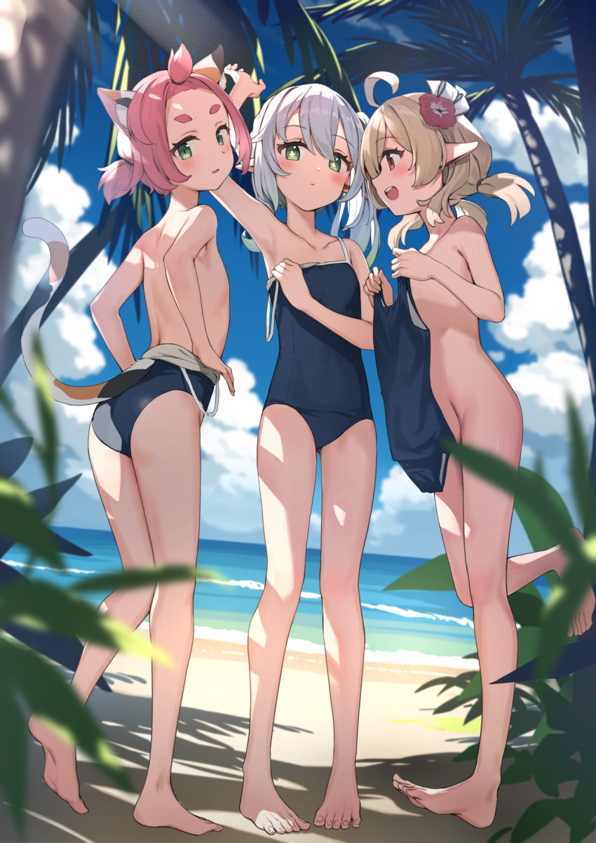 3girls ahoge alternate_costume animal_ear_fluff animal_ears arm_up ass bangs_pinned_back barefoot beach blonde_hair blue_one-piece_swimsuit blue_sky blush cat_ears cat_girl cat_tail closed_mouth clothes_pull cloud coconut_tree collarbone commentary_request competition_school_swimsuit completely_nude cross-shaped_pupils diona_(genshin_impact) female_focus flat_chest flower full_body genshin_impact gradient_hair green_eyes green_hair grey_hair hair_between_eyes hair_flower hair_ornament highres klee_(genshin_impact) loli long_hair looking_at_viewer multicolored_hair multicolored_tail multiple_girls nahida_(genshin_impact) nude ocean one-piece_swimsuit one-piece_swimsuit_pull open_mouth outdoors palm_tree parted_lips pink_hair pointy_ears red_eyes revision sakimiya_mafu school_swimsuit short_eyebrows short_hair side_ponytail sky spaghetti_strap standing swimsuit symbol-shaped_pupils tail teeth thick_eyebrows toes tree twintails undressing upper_teeth_only