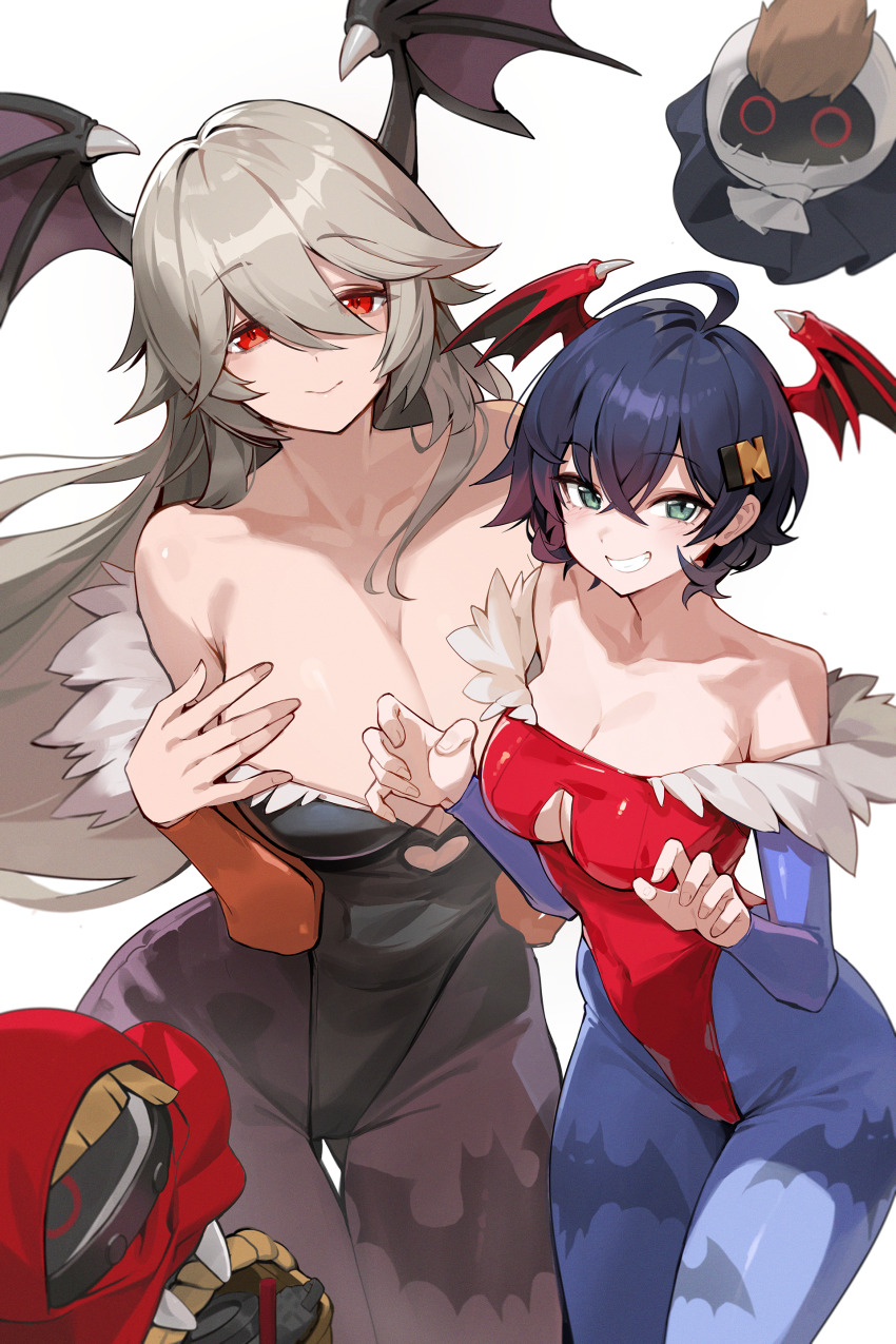 2girls absurdres alexandrina_sebastiane alternate_costume anastella_(zenless_zone_zero) bare_shoulders belle_(zenless_zone_zero) black_leotard black_pantyhose blue_hair breasts cleavage_cutout clenched_teeth clothing_cutout collarbone drusilla_(zenless_zone_zero) goomrrat green_eyes grey_hair grin halloween head_wings heart_cutout highleg highleg_leotard highres large_breasts leotard multiple_girls orange_sleeves pantyhose purple_pantyhose purple_sleeves red_eyes red_leotard short_hair simple_background smile strapless strapless_leotard teeth white_background wings zenless_zone_zero