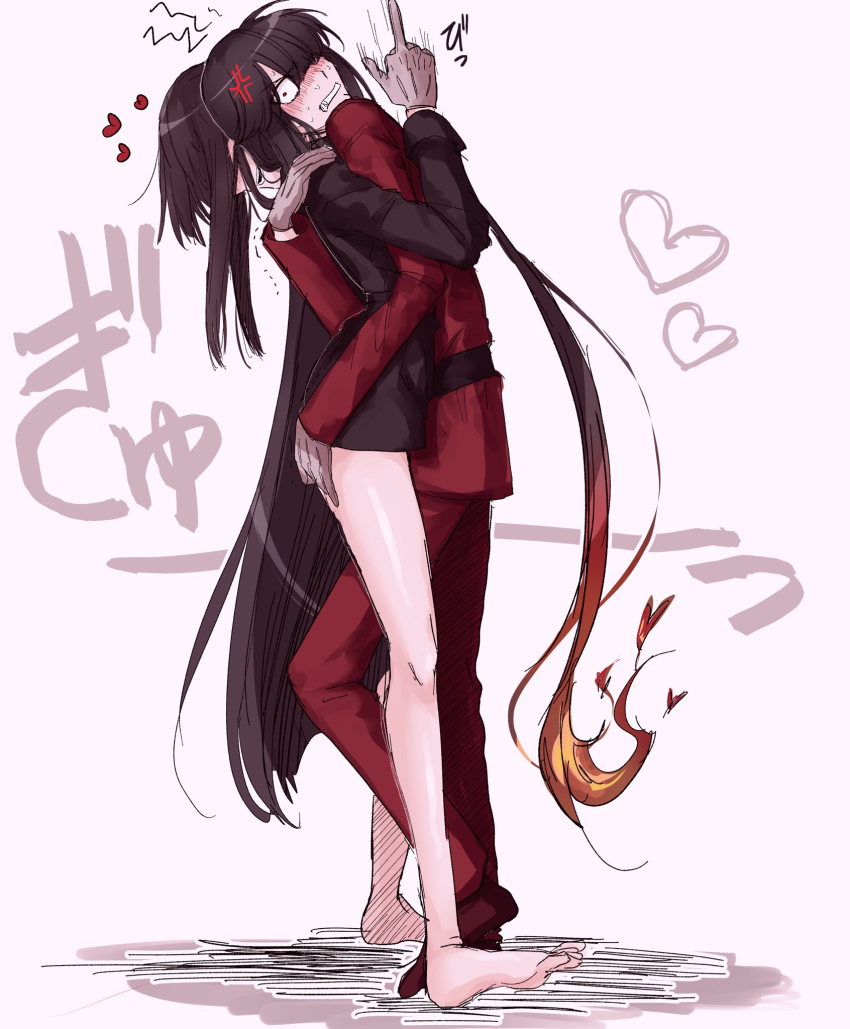 1boy 1girl :d bare_legs barefoot belt black_belt black_hair black_jacket blush bottomless brother_and_sister clenched_teeth constricted_pupils covered_eyes fate/grand_order fate_(series) fiery_hair full_body gloves grey_gloves hair_between_eyes hand_on_another&#039;s_ass hand_on_another&#039;s_shoulder heart high_collar highres hug implied_incest jacket long_hair long_sleeves looking_at_viewer maeyakara000 middle_finger military_uniform motion_lines nose_blush oda_nobukatsu_(fate) oda_nobunaga_(fate) oda_nobunaga_(koha-ace) open_mouth pants pink_background ponytail red_eyes red_jacket red_pants shadow siblings sidelocks simple_background smile squeezing sweat teeth toes trembling very_long_hair