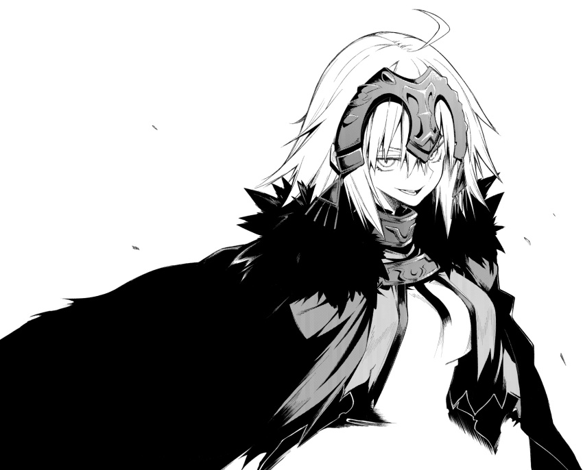 10mo 1girl ahoge armor armored_dress breasts cape collar dress fate/grand_order fate_(series) fur-trimmed_cape fur_trim greyscale headpiece highres jeanne_d&#039;arc_alter_(avenger)_(fate) jeanne_d&#039;arc_alter_(fate) large_breasts looking_at_viewer metal_collar monochrome open_mouth short_hair smile solo