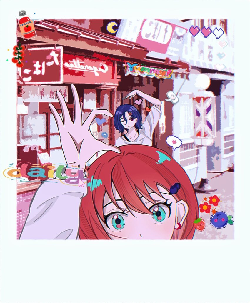 1boy 1girl amate_yuzuriha aqua_eyes blue_hair border commentary crescent fearandmuse gundam gundam_gquuuuuux heart heart_arms_duo heart_hands heart_hands_duo highres looking_at_viewer one_eye_closed outdoors polaroid_photo red_eyes red_hair road shirt short_hair shuji_ito speech_bubble spoken_heart street white_border white_shirt