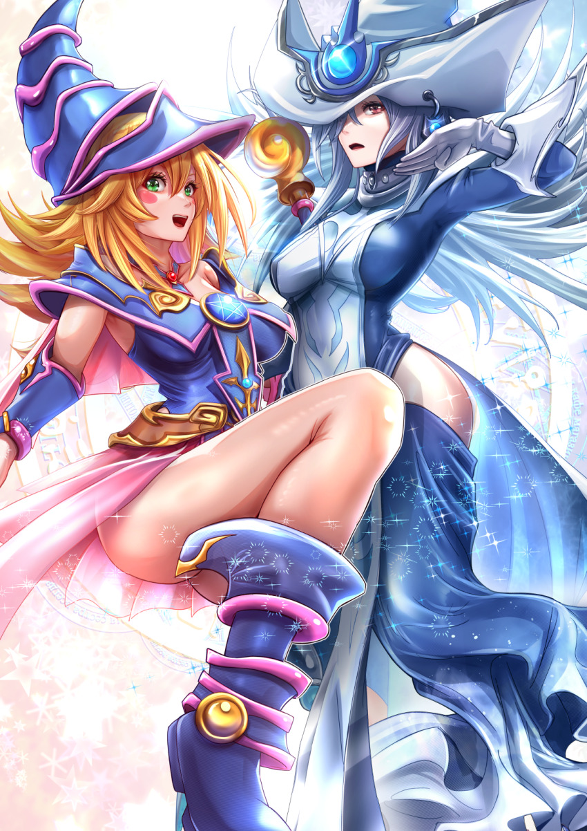 2girls blonde_hair blue_boots blue_dress blue_hat boots dark_magician_girl dress duel_monster gloves green_eyes grey_hair hair_between_eyes hair_over_one_eye hat highres hip_vent long_hair miyakura_haruto multiple_girls pink_skirt purple_eyes showgirl_skirt silent_magician skirt tabard white_gloves white_hat white_tabard wizard_hat yu-gi-oh!
