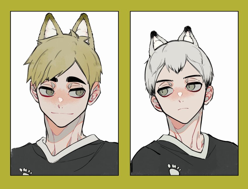 2boys animal_ears black_hair black_shirt blonde_hair border brown_eyes closed_mouth coco_(238243) colored_tips commentary double-parted_bangs frown grey_eyes grey_hair haikyuu!! highres kemonomimi_mode kita_shinsuke looking_to_the_side male_focus miya_atsumu multicolored_hair multiple_boys parted_bangs shirt sideways_glance smile symbol-only_commentary upper_body v-neck white_background
