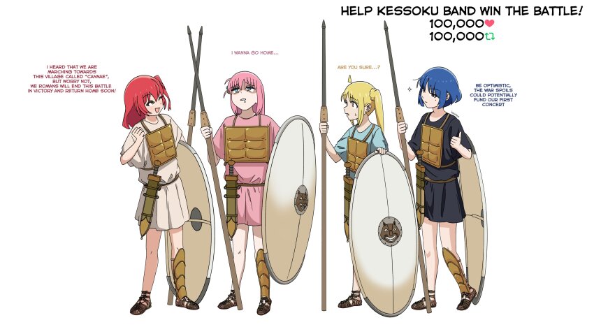 4girls absurdres alternate_costume aqua_eyes armor blonde_hair blue_hair bocchi_the_rock! breastplate commentary english_commentary english_text gotoh_hitori greaves greco-roman_clothes head_tilt highres holding holding_polearm holding_weapon ijichi_nijika javelin_(spear) kita_ikuyo long_hair medium_hair mole mole_under_eye multiple_girls one_eye_closed open_mouth pilum pink_hair polearm red_eyes red_hair roman_clothes sandals shaded_face shield short_hair side_ponytail signature single_greave smile spear sweatdrop sword thumbs_up tunic very_long_hair weapon weebsteve white_background yamada_ryo yellow_eyes