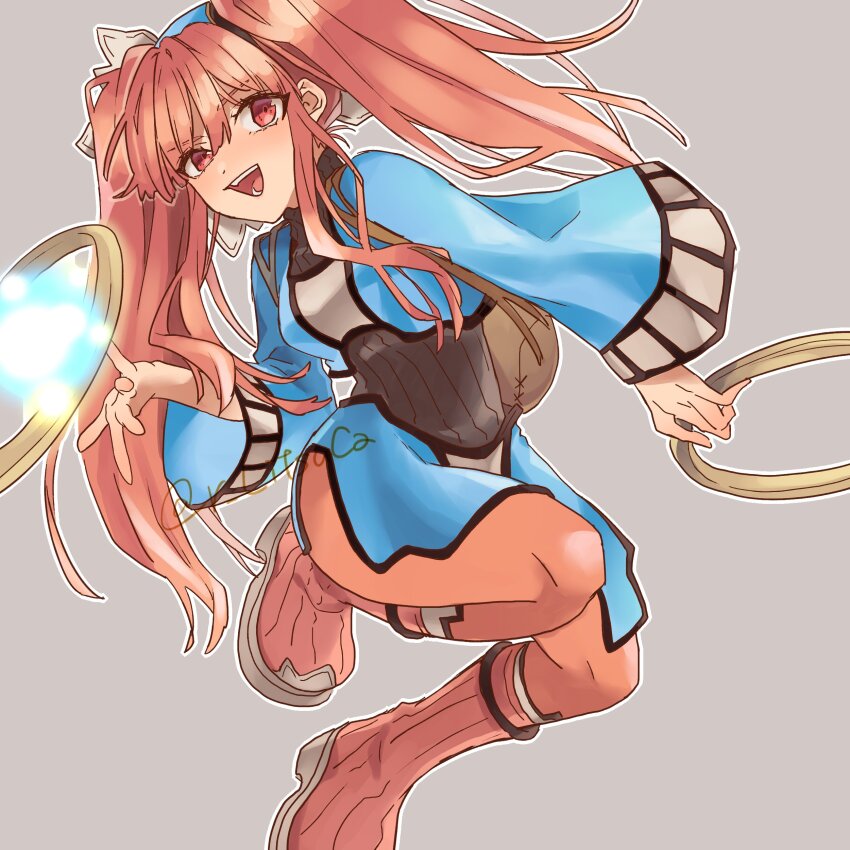 1girl :d absurdres black_undershirt boots chakram dewprism dress full_body highres knee_boots long_hair long_sleeves mint_(dewprism) open_mouth orange_pantyhose pantyhose red_eyes red_hair ritsu_(r_litsuca) simple_background smile solo twintails twitter_username weapon wide_sleeves