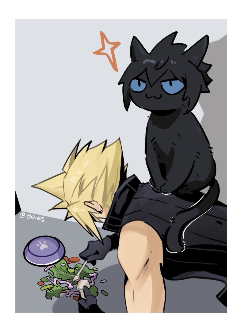 &gt;:) 1boy :3 animalization aries20770321 black_cat black_gloves black_vest blonde_hair blue_sclera cat chinese_commentary cleaning cloud_strife colored_sclera commentary_request day evil_smile final_fantasy final_fantasy_vii final_fantasy_vii_advent_children final_fantasy_xv gloves grey_background highres indoors leaning_forward male_focus noctis_lucis_caelum photo-referenced plate short_hair signature sitting sitting_on_person smile spiked_hair spill toned toned_male upper_body v-shaped_eyebrows vest