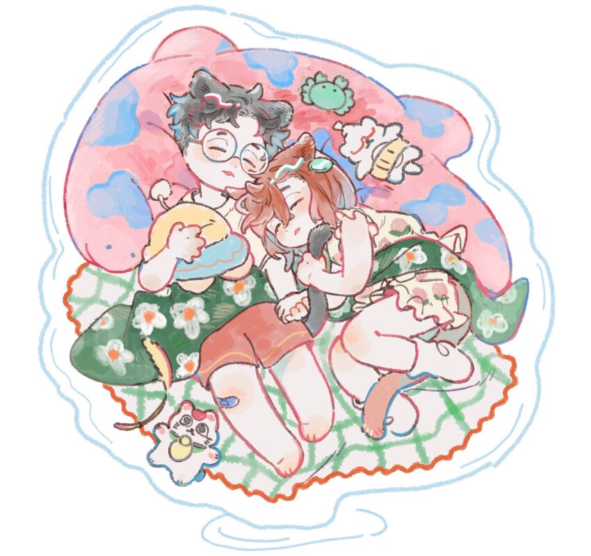 10matomat0 1boy 1girl animal_earrings animal_ears ayase_momo ayase_seiko barefoot black_hair blush brown_hair cat cat_boy cat_ears cat_girl cat_tail couple crossed_bangs dandadan dress earrings flying_saucer full_body glasses hair_between_eyes hetero highres holding_another&#039;s_tail holding_hands jewelry kemonomimi_mode medium_hair parted_bangs parted_lips print_dress red_shorts round_eyewear shirt short_hair shorts sleeping socks spacecraft stuffed_animal stuffed_toy tail turbo_granny_(dandadan) under_covers white_shirt white_socks