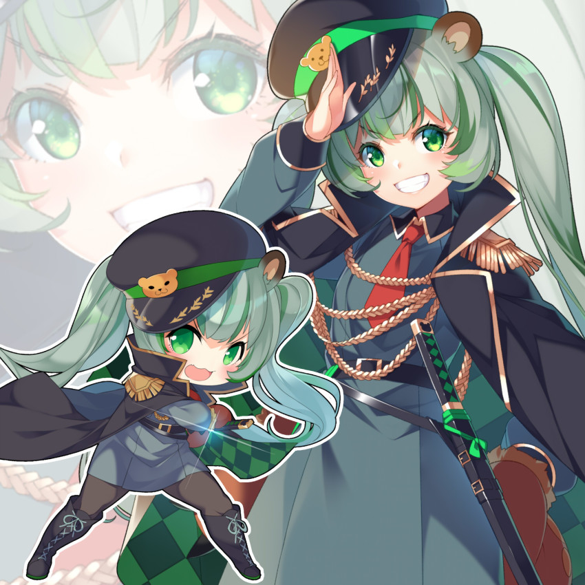 1girl nanashi_inc. :d aiguillette animal_ears animare bear_ears belt black_coat boots chibi coat dress epaulettes glint green_eyes green_hair grin hat highres hinokuma_ran jacket jacket_on_shoulders katana kokka_han long_hair long_sleeves looking_at_viewer multicolored_hair multiple_views necktie open_mouth pantyhose peaked_cap salute sheath sheathed short_necktie smile streaked_hair sword twintails v-shaped_eyebrows virtual_youtuber weapon wing_collar zoom_layer