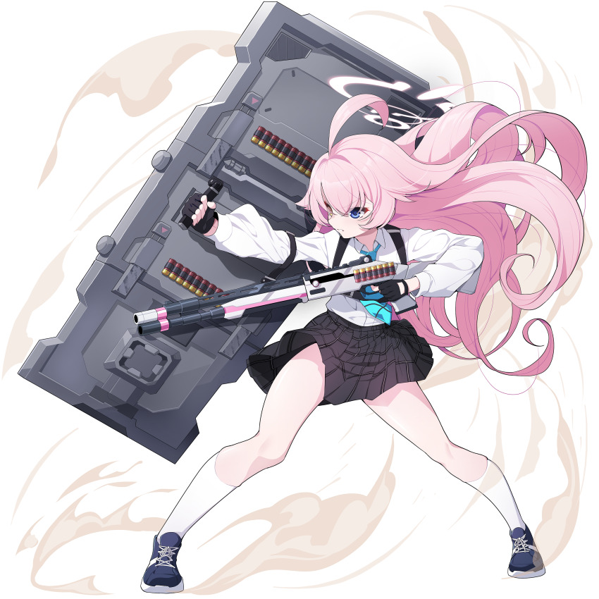 1girl absurdres ahoge beretta_1301 black_gloves black_skirt blue_archive blue_eyes blue_necktie blue_shoes brown_eyes collared_shirt commentary_request fingerless_gloves floating_hair full_body gloves gun hair_between_eyes halo heterochromia highres holding holding_gun holding_shield holding_weapon hoshino_(blue_archive) koflif long_hair long_sleeves necktie pink_hair plaid_clothes plaid_skirt pleated_skirt puffy_long_sleeves puffy_sleeves shield shirt shoes shotgun_shell skirt smoke socks solo standing very_long_hair weapon white_shirt white_socks