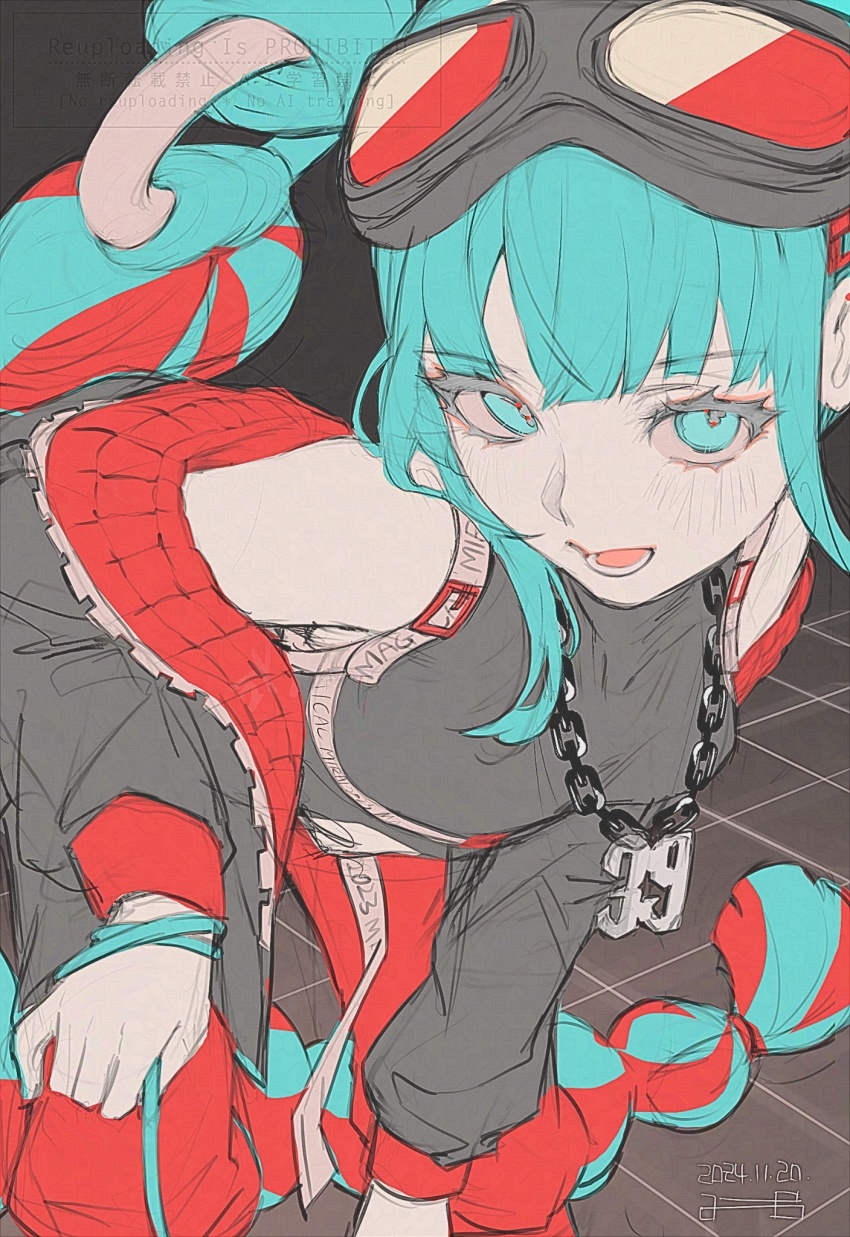 1girl 39 aqua_eyes aqua_hair bare_shoulders black_jacket blunt_bangs chain chain_necklace goggles goggles_on_head hatsune_miku highres jacket jewelry leaning_forward long_hair magical_mirai_(vocaloid) magical_mirai_miku magical_mirai_miku_(2023) multicolored_hair necklace off_shoulder ofgwr open_mouth pants red_hair red_pants smile solo twintails very_long_hair vocaloid