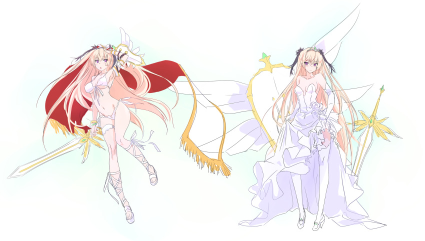 altair_(sennen_sensou_aigis) bikini blonde_hair dress headband highres kawagishi_keitarou long_hair midriff purple_eyes sennen_sensou_aigis swimsuit sword very_long_hair wagi weapon wedding_dress