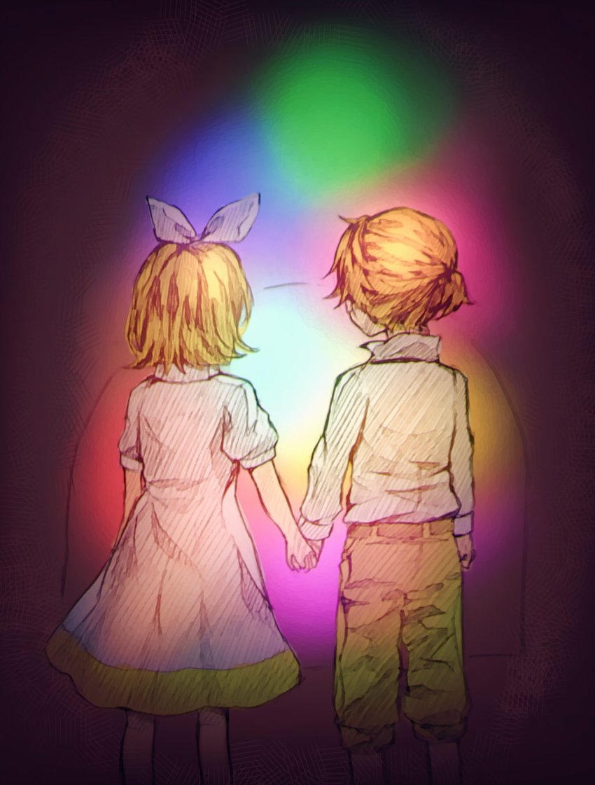 1boy 1girl aryuma772 back blonde_hair bow brother_and_sister brown_pants chrono_story_(vocaloid) dress evillious_nendaiki fireplace gretel_(evillious_nendaiki) hair_bow hansel_(evillious_nendaiki) highres holding_hands juliet_sleeves kagamine_len kagamine_rin long_sleeves multicolored_background pants ponytail puffy_sleeves shirt short_hair short_ponytail short_sleeves siblings sketch twins vocaloid white_dress white_shirt