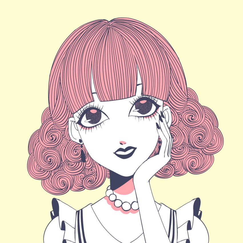 1girl bare_shoulders bead_necklace beads black_lips black_nails chika_(vocaloid) closed_mouth dress earrings frilled_dress frills hand_on_own_cheek hand_on_own_face highres jewelry looking_up necklace pink_eyes pink_hair short_hair simple_background solo teeth treebarkagain upper_body vocaloid wavy_hair yellow_background
