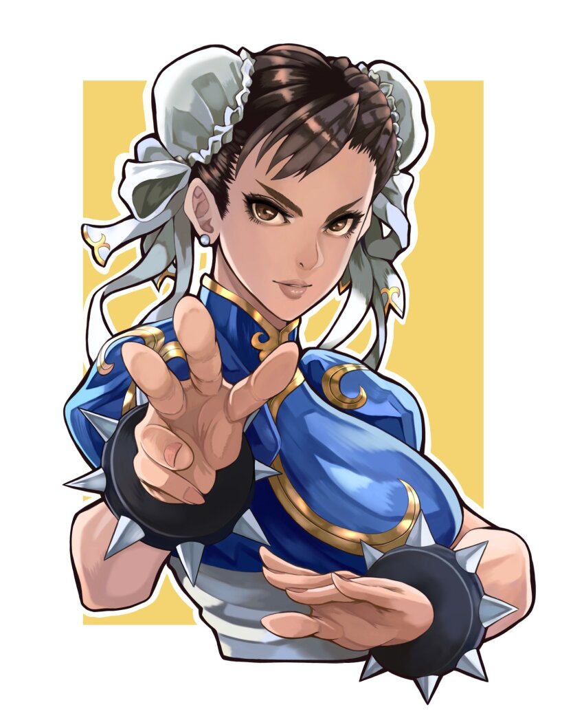 1girl bracelet capcom chinese_clothes chun-li double_bun earrings fighting_stance from_side hair_bun hair_ribbon high_collar highres jewelry pearl_earrings ribbon shadow simple_background spiked_bracelet spikes street_fighter to-ru