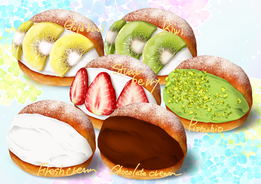 absurdres chocolate cream food food_focus food_name fruit gyuunyuu_oume highres kiwi_(fruit) kiwi_slice no_humans original pastry pistachio strawberry strawberry_slice granulated_sugar