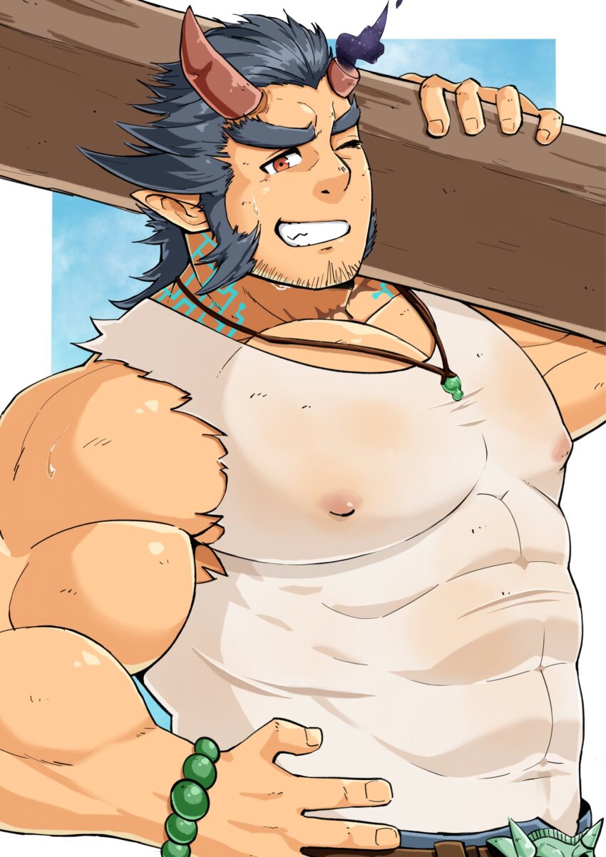 1boy bad_id bad_twitter_id bara bare_arms bead_bracelet beads blue_hair bracelet broken_horn carpenter carrying_over_shoulder covered_abs covered_erect_nipples covered_navel cowboy_shot dark_blue_hair demon_boy demon_horns denim facial_hair fiery_horns grin highres horns huge_eyebrows huge_pectorals jeans jewelry kansuke_(kansuke_717) long_sideburns looking_at_viewer male_focus mature_male muscular muscular_male mutton_chops necklace one_eye_closed pants pectoral_cleavage pectorals scar scar_on_neck short_hair sideburns smile solo strongman_waist stubble sweat sweaty_clothes takemaru_(housamo) tokyo_houkago_summoners torn_clothes torn_sleeves v-shaped_eyebrows very_sweaty