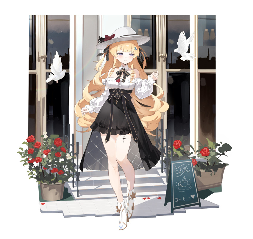 1girl absurdres alternate_costume bare_legs bare_shoulders bird black_bow black_bowtie black_skirt blonde_hair boots bow bowtie breasts cleavage closed_mouth collar commentary detached_collar full_body hair_bow hair_ornament hand_up hat high-low_skirt high-waist_skirt high_heel_boots high_heels highres large_breasts legs light_blush long_hair long_sleeves looking_at_animal nihnfinite8 off-shoulder_shirt off_shoulder phoebe_(wuthering_waves) purple_eyes shirt skirt smile solo striped_bow tacet_mark_(wuthering_waves) very_long_hair white_bird white_boots white_collar white_hat white_shirt wuthering_waves x_hair_ornament