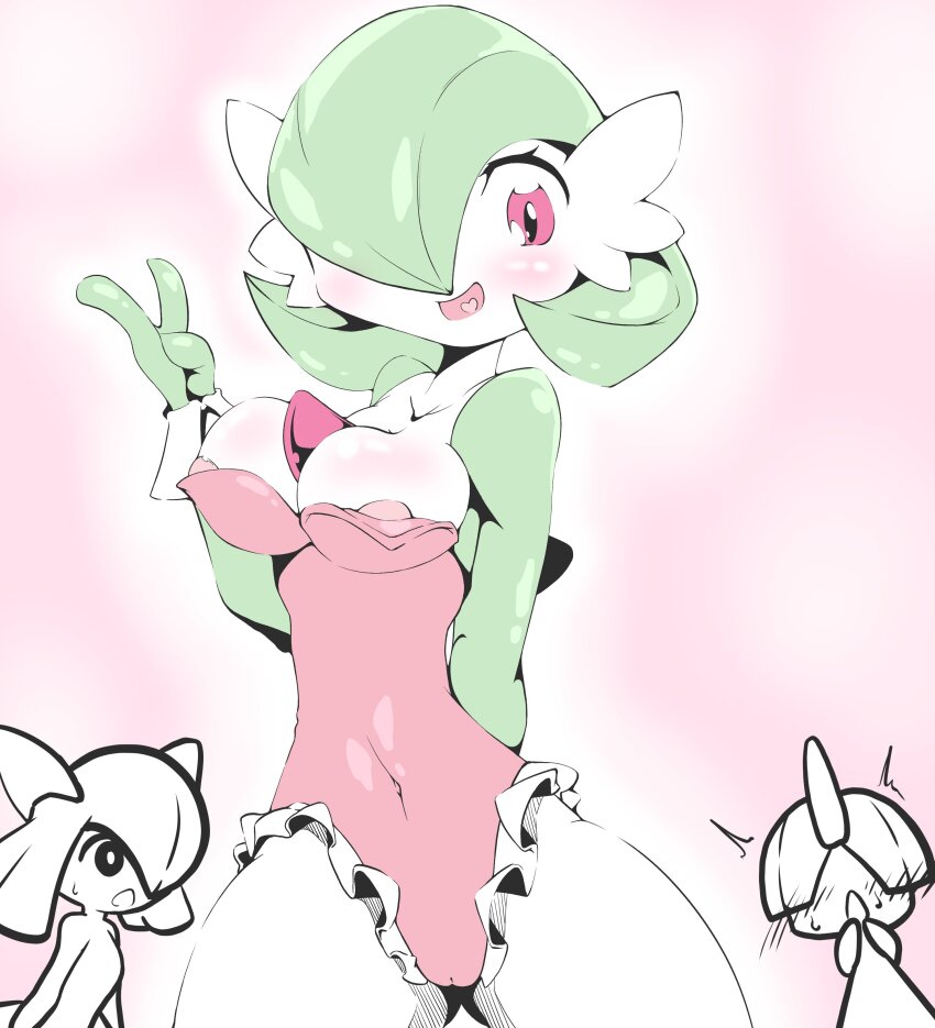 1girl absurdres arm_behind_back blush bob_cut bowl_cut breasts cameltoe colored_skin gardevoir gen_3_pokemon green_hair green_skin hair_over_one_eye heart heart_in_mouth highres horns kirlia leotard mawile_no1 multicolored_skin nintendo nipples pink_background pink_eyes pink_leotard pokemon pokemon_(creature) ralts sidelocks smile sweatdrop two-tone_skin white_skin